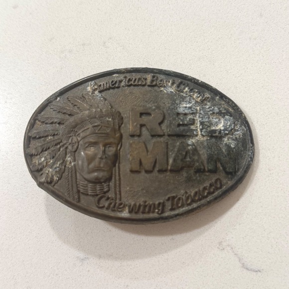 Vintage 1988 Red Man Chewing Tobacco Belt Buckle Native American Chief Oval